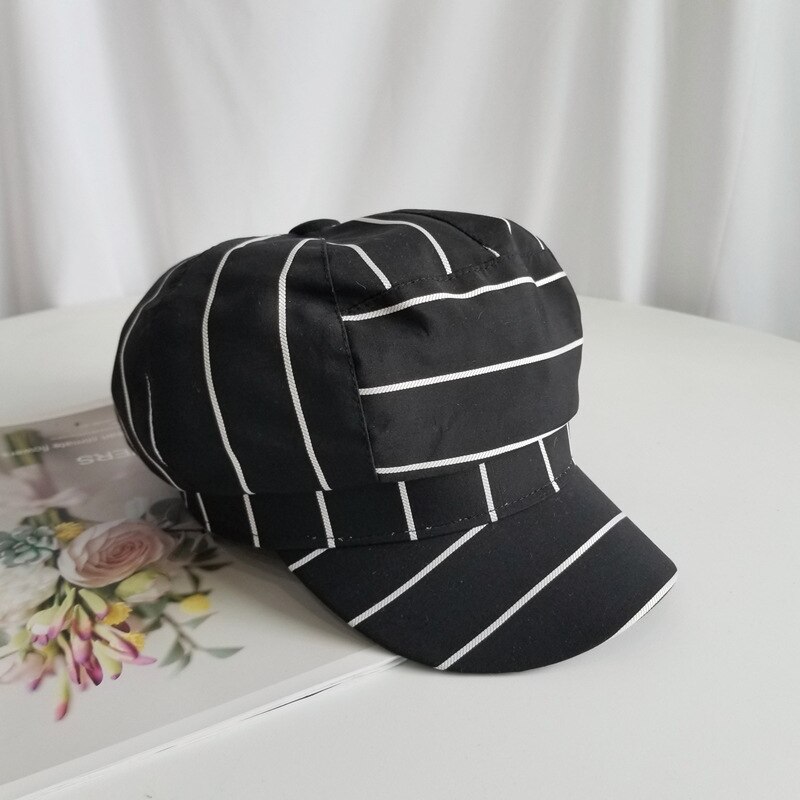 Gorra octogonal SQTEIO, sombrero de pintor a rayas de verano para mujer, gorro informal de pintor, boina literaria salvaje estudiante: Black