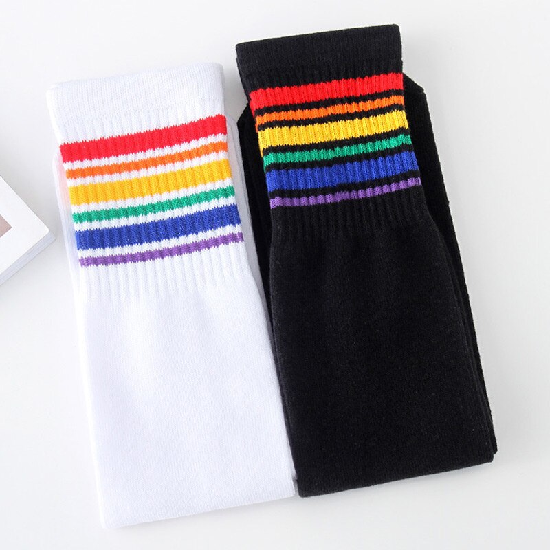 Chaussettes hautes aux genoux pour filles et garçons, pour enfants de 6 à 15 ans, chaussettes arc-en-ciel à rayures de Golf, à la