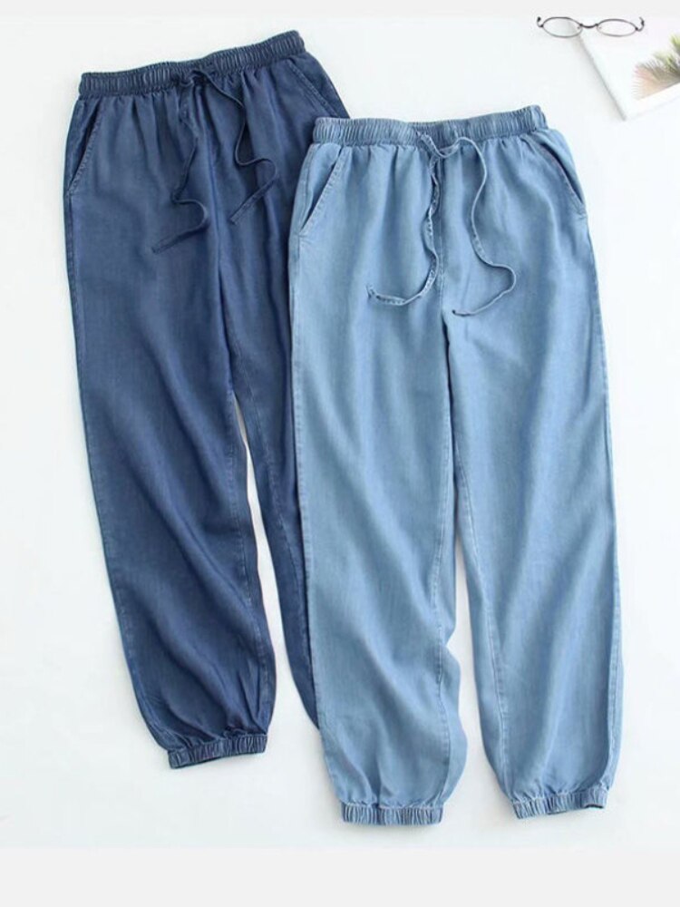 Jean d'été en soie glacée pour femmes, pantalon Harem, taille haute, ample, mince, élastique, classique
