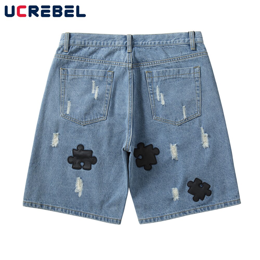 Puzzel Patch Borduurwerk Denim Shorts Heren High Street Zomer Ripped Korte Jeans Streetwear Verontruste Losse Knielange Shorts