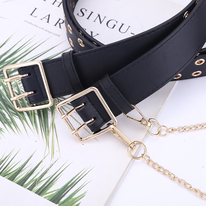 Gold Metal Double Pin Buckle Chain Women Belt PU Leather Punk Luxury Brand Waist Strap Belts for Jeans