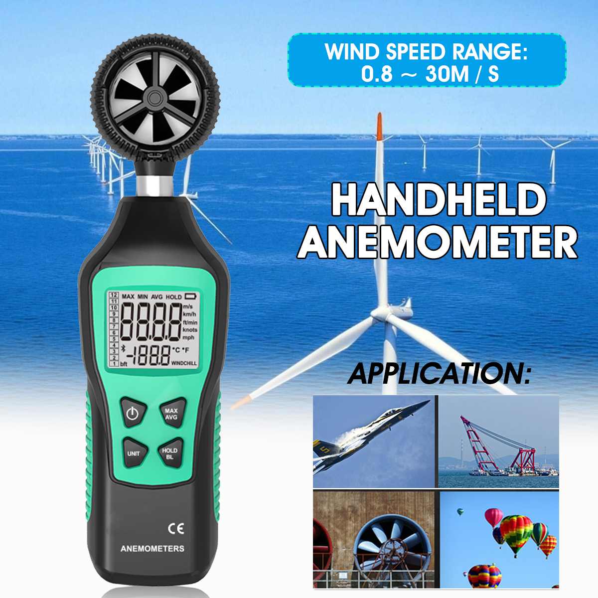 Becornce Anemometer Portable Thermometer Temperature Measuring Wind Speed Air Flow Gauge Meter LCD Digital Handheld Windmeter