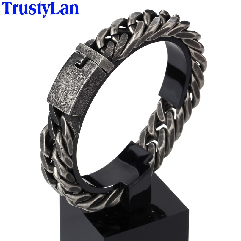 Trustylan vintage sort rustfrit stål armbånd herre rombe tykt kædeled herre armbånd armbånd smykker