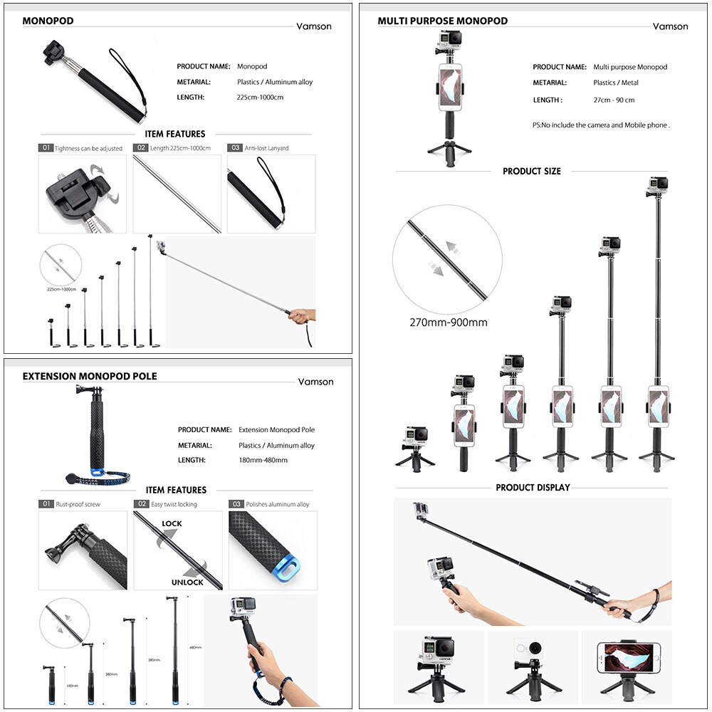 Vamson Voor Go Pro Accessoires Kit Monopod Voor Gopro Hero 7 6 5 4 3 Voor Xiaomi Yi Voor Sjcam eken H9R Mijia VS104