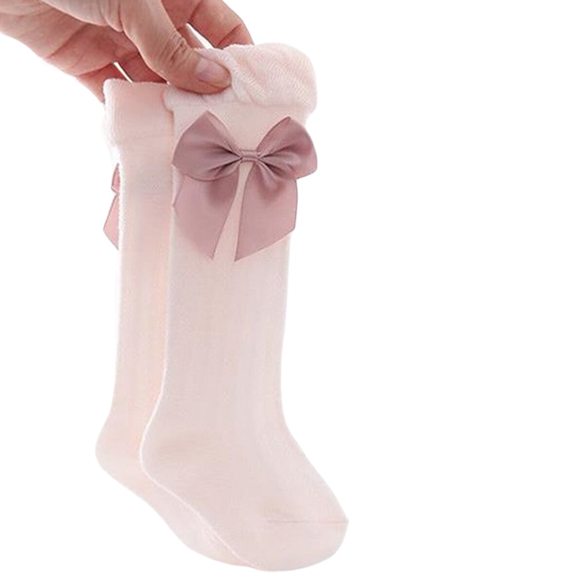 Babysokjes met strik, katoenen sokken, ademend, lange, warme sokken voor meisjes van 0-3 jaar, winter: Roze / 0 to 6 maanden