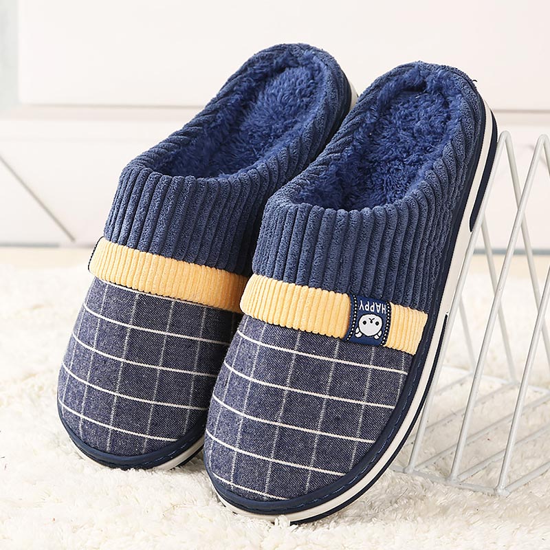 warm indoor slippers men shoes plush flock winter home slippers for men non-slip sewing soft male shoes men slippers: Blue / 8