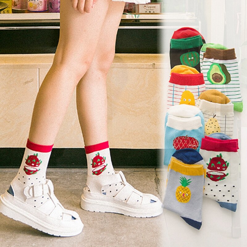 Striped Avocado Food Women Socks Lovely Jacquard Fruit Socks Female Girls Cotton Socks
