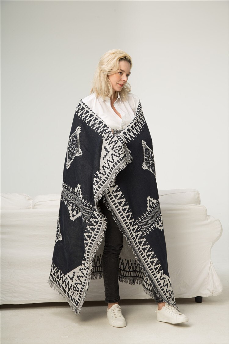 Dikke katoenen draad gebreide deken geometrische zwart-witte mooie vintage deken met kwastje bankhoes bed woonmat
