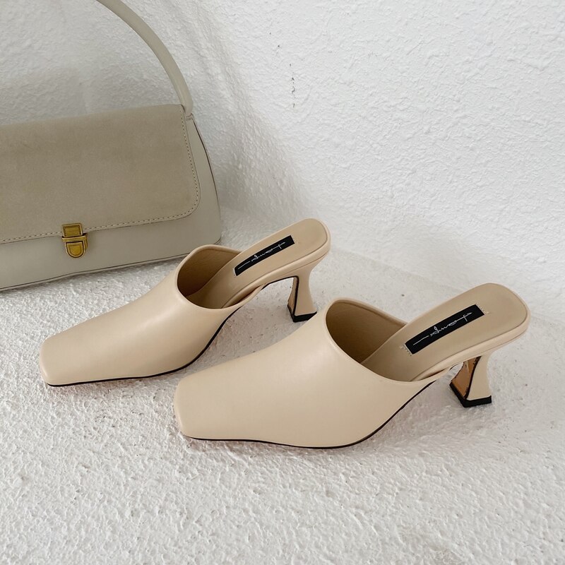 Mules à bout carré pour femmes, chaussures à talons, couleurs unies, hautes (5cm-8cm), collection chaussons pour femmes: Beige / 37