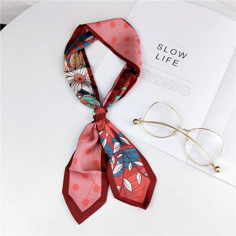7 x 92cm langt tyndt hår hals slips krave tørklæde damer blomst trykt silke satin hoved håndtaske bånd tørklæder til kvinder: Rødvin