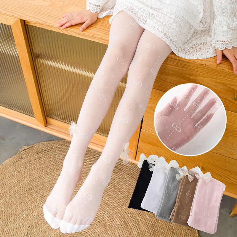 Kinderen Zomer Dunne Gedeelte Gg Brief Ademende Anti-Haak Zijde Leuke Boog Effen Kleur Panty