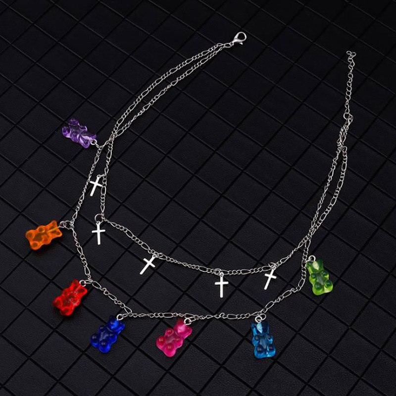 Collane a catena multistrato Color caramella croce gommosa Mini orso per le donne carino Crtoon pendenti animali gioielli Femme Bijoux Collare