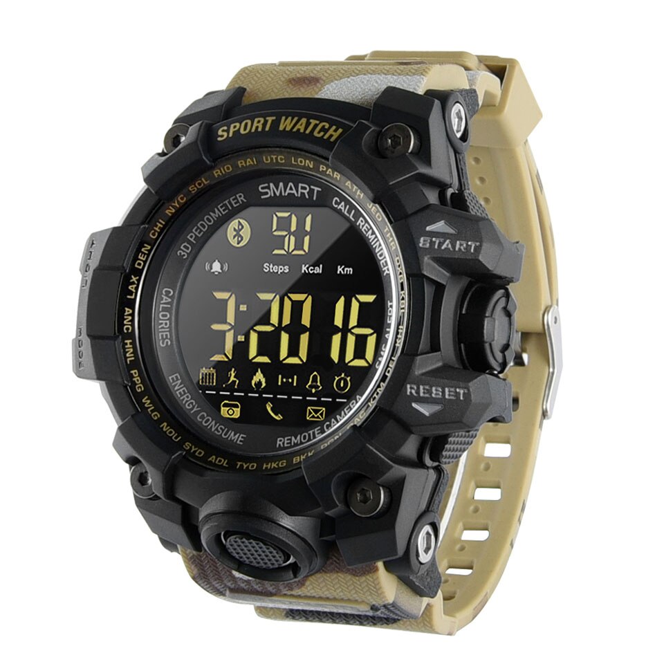 TimeOwner Smart Watch Men Notification Remote Control Pedometer Sport Watch Waterproof Men Wristwatch Stopwatch Call SMS Remind: Camo Yellow