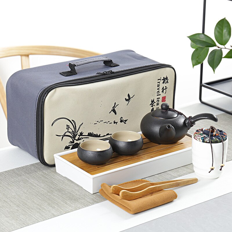 Chinese traditional black pottery traveling tea utensils high-end travel portable hotel tea set tea pot storage tea tray: Orange