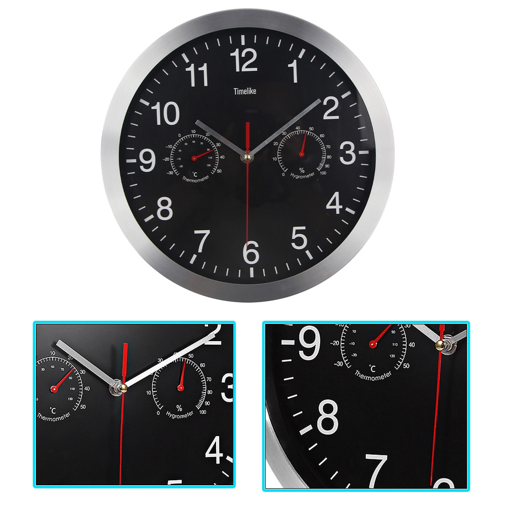Metall tyst väggklocka modern tyst svepande rörelse hygrometer klockor icke-tickande väggklocka