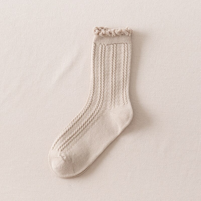 Frilly Ruffle Socks Japanese Style Kawaii Cute Cotton Woman Socks Harajuku Retro Casual Solid Color White Black Beige Crew Socks: Beige