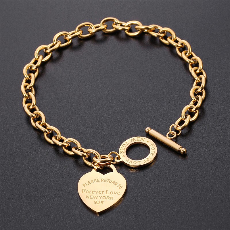 Stainless Steel Love Heart Bracelets For Women Party Jewelry Joyas de Chain Charm Bracelets Homme: Gold-color