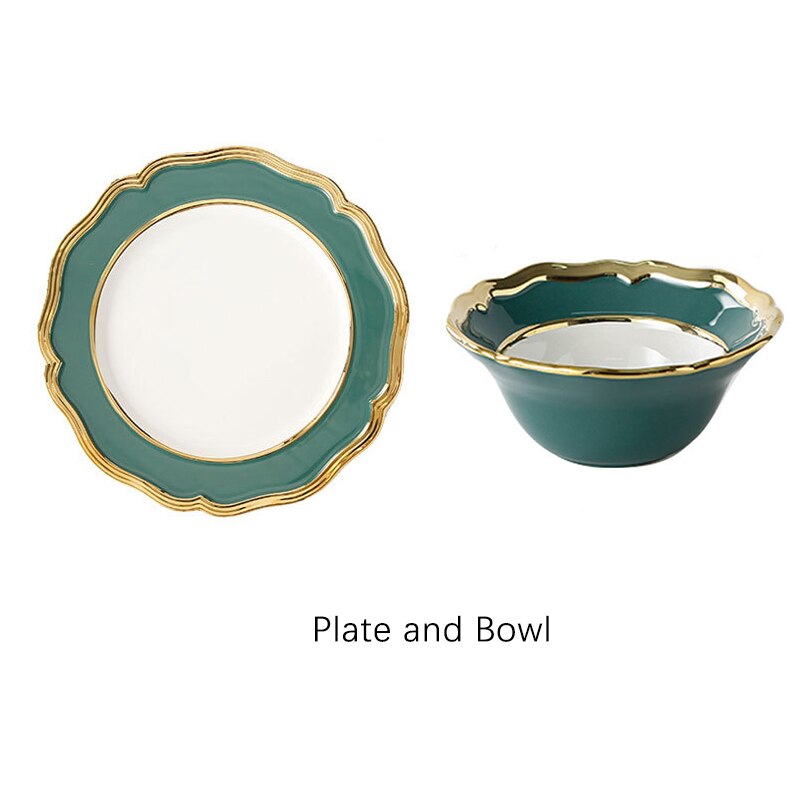Ceramic Dinner Plate Luxury Gold Inlay Charger Plate Flower Shape Plate Dishes and Bowl Dinnerware Set for Wedding Party Banquet