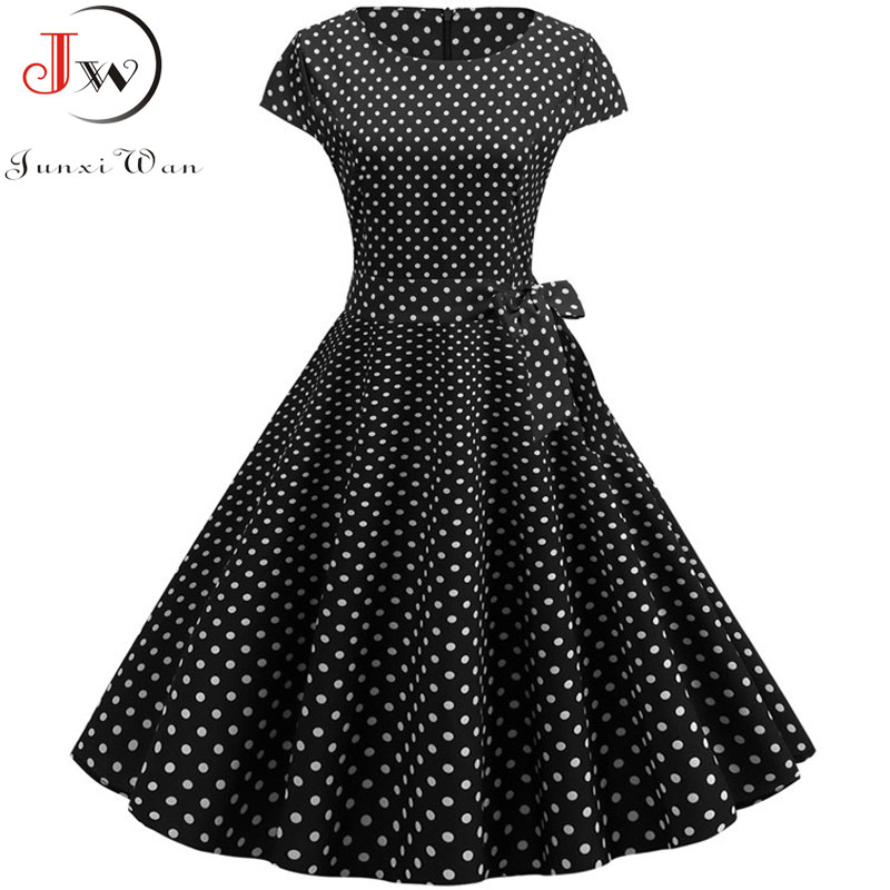 Vintage Kleid Damen Sommer Kurzarm Polka Dot Midi Casual Büro Partykleid 50er 60er Pin Up Rockabilly Kleider