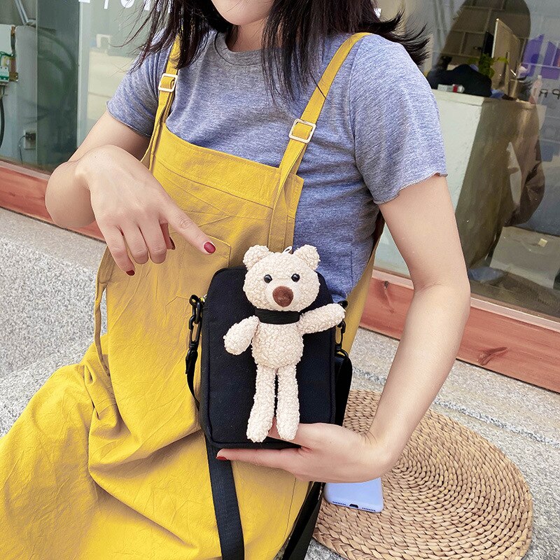 Hair bear canvas bag female trendy cute student chest bag ins shoulder bag messenger waist bag