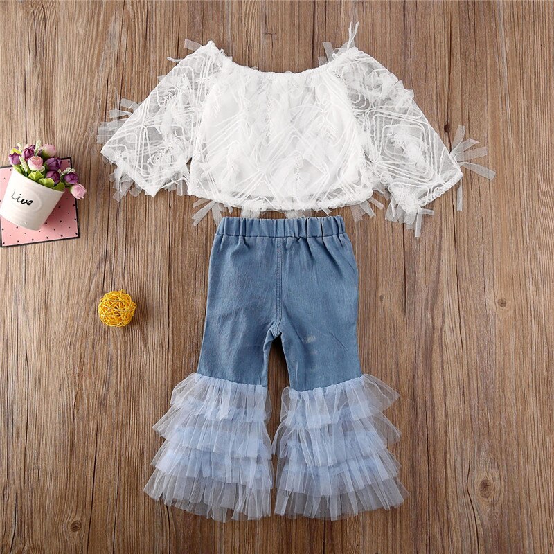 1-6Y Peuter Kids Baby Meisjes Kant Off Shoulder Tops T-shirt Ruche Denim Ripped Gat Broek Outfits Meisje Kleding 2 stuks Set