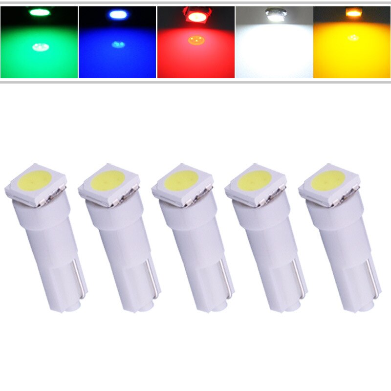 10 stk  t5 led 17 37 73 74 smd 5050 auto led lampe til bil instrumentbræt instrument kile pære 12v hvid blå rød gul grøn