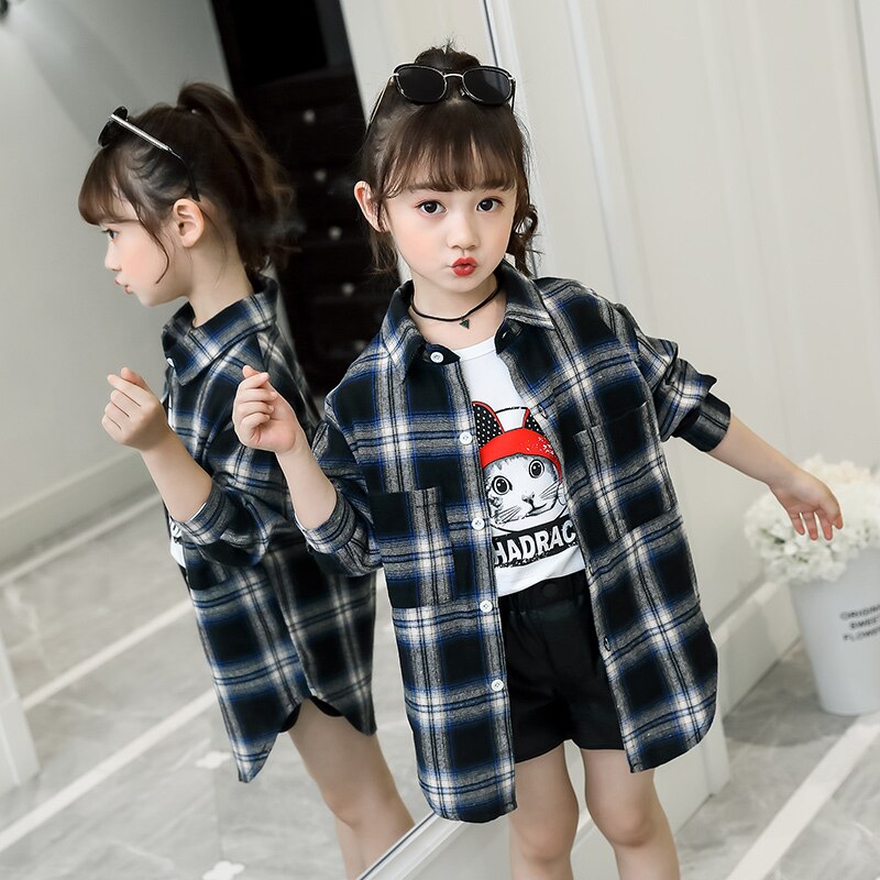 Camisa larga para niñas, ropa informal para primavera y otoño, Blusa de algodón a cuadros, camisas de manga larga para niños de 6, 8, 10 y 12 años