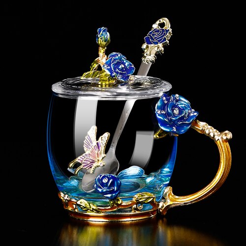 Glass Coffee Mug Tea Cup Enamel Crystal Flower High-grade Handgrip for Lover Wedding R2078: Blue 5