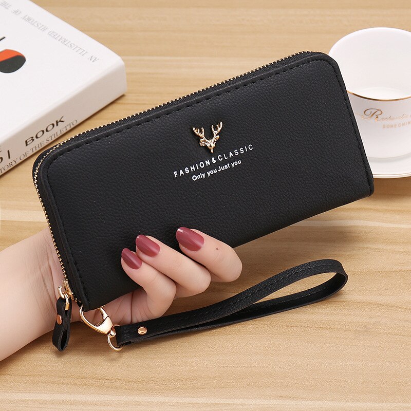 Womens Clutch Wallets PU Leather Purses Female Wristband Leaf Print Long Women Purse Large Capacity Bag Women Wallet: C079-25 Black