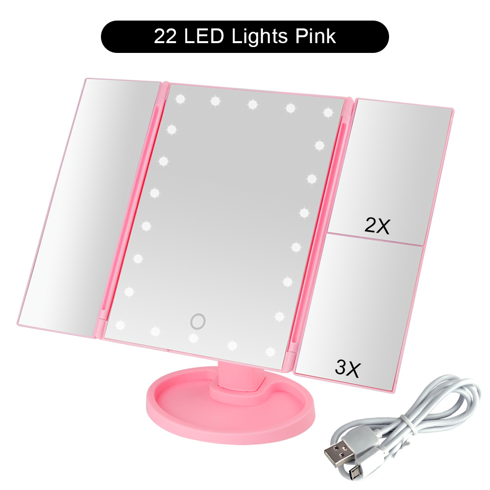 Led makeup spejl forstørrelsesglas 22 lys makeup spejl 1/2/3/10x kosmetisk oplyste spejle justerbart touch lysdæmper bord: Pk 22 lys usb