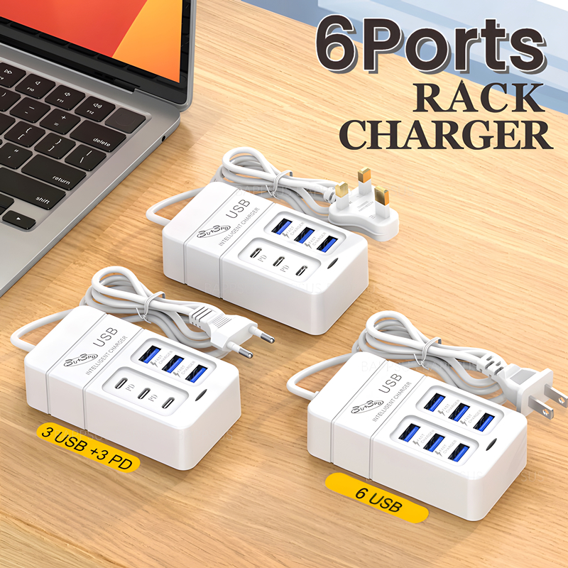 Cargador USB multipuerto de 6 puertos, 35W, PD tipo C, carga rápida para teléfono móvil, cargadores de pared tipo C, adaptador de concentrador tipo C, enchufe UE, EE. UU., Reino Unido