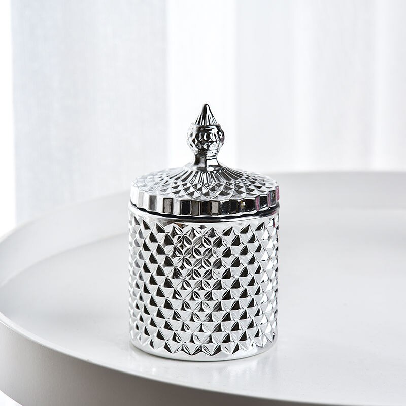 Tarros de cristal con tapa, latas de azúcar en lata de cristal, caja de dulces de diamante, recipiente para bastoncillos, almohadilla de algodón, recipiente de vidrio para almacenamiento doméstico: Silver