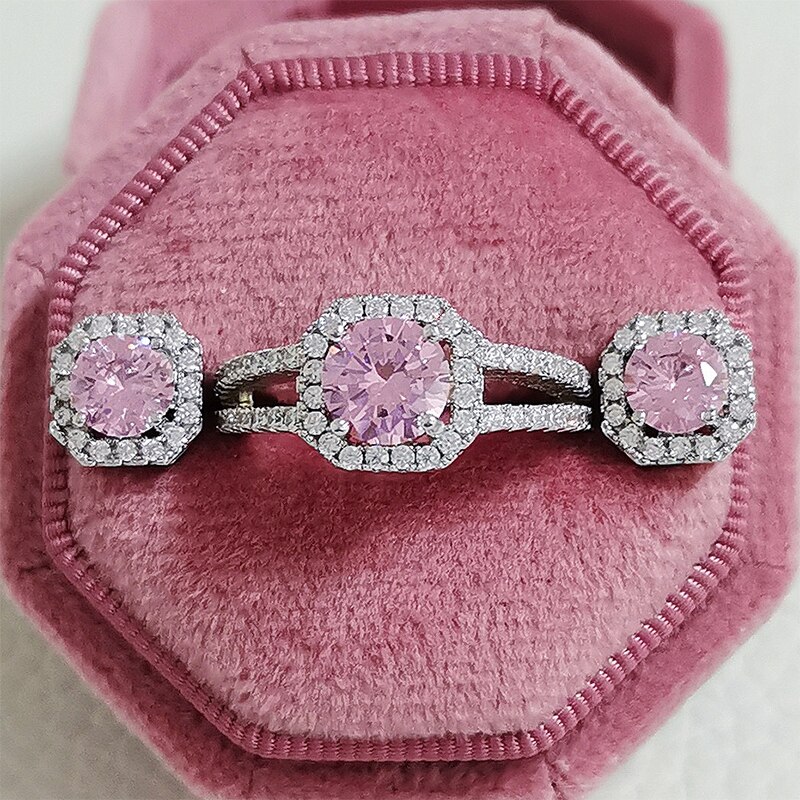 2 stk pakke sølvfarvet brudepude skåret zirkon smykkesæt forlovelsesring øreringe til kvinder  j4946- pink
