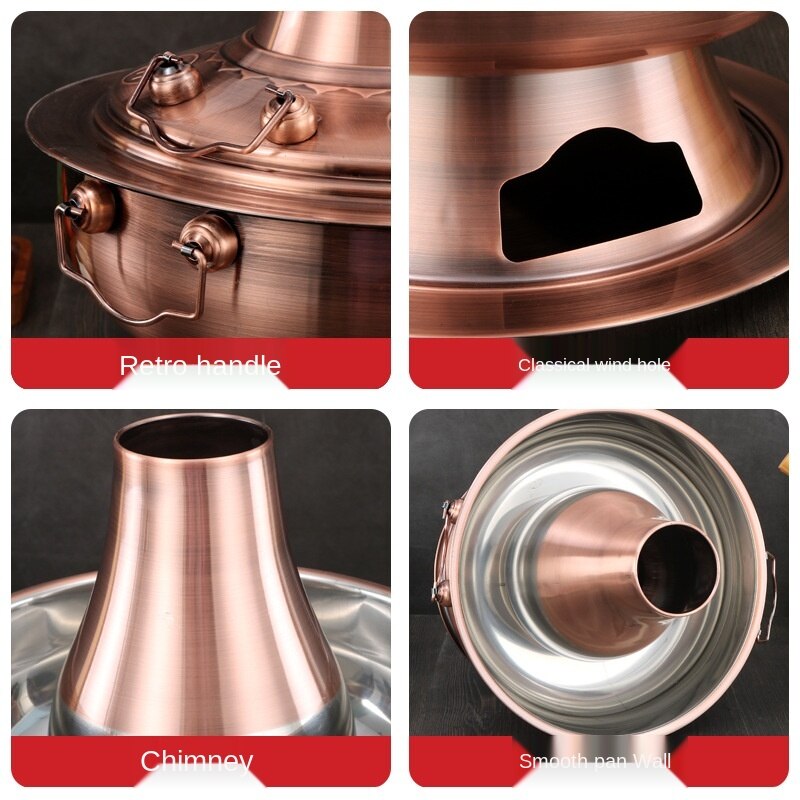 Olla de cobre grueso de 30cm tradicional de Pekín, olla para sopa, quemar carbón, juego de ollas de cocina, olla para ebullición rápida