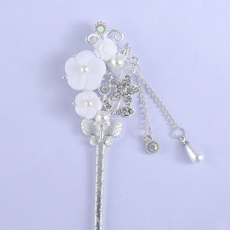 Vintage Chinese Style Hair Stick metalowe pałeczki Rhinestone kobiety Tassel kwiat perłowy spinka do włosów spinka do włosów biżuteria akcesoria