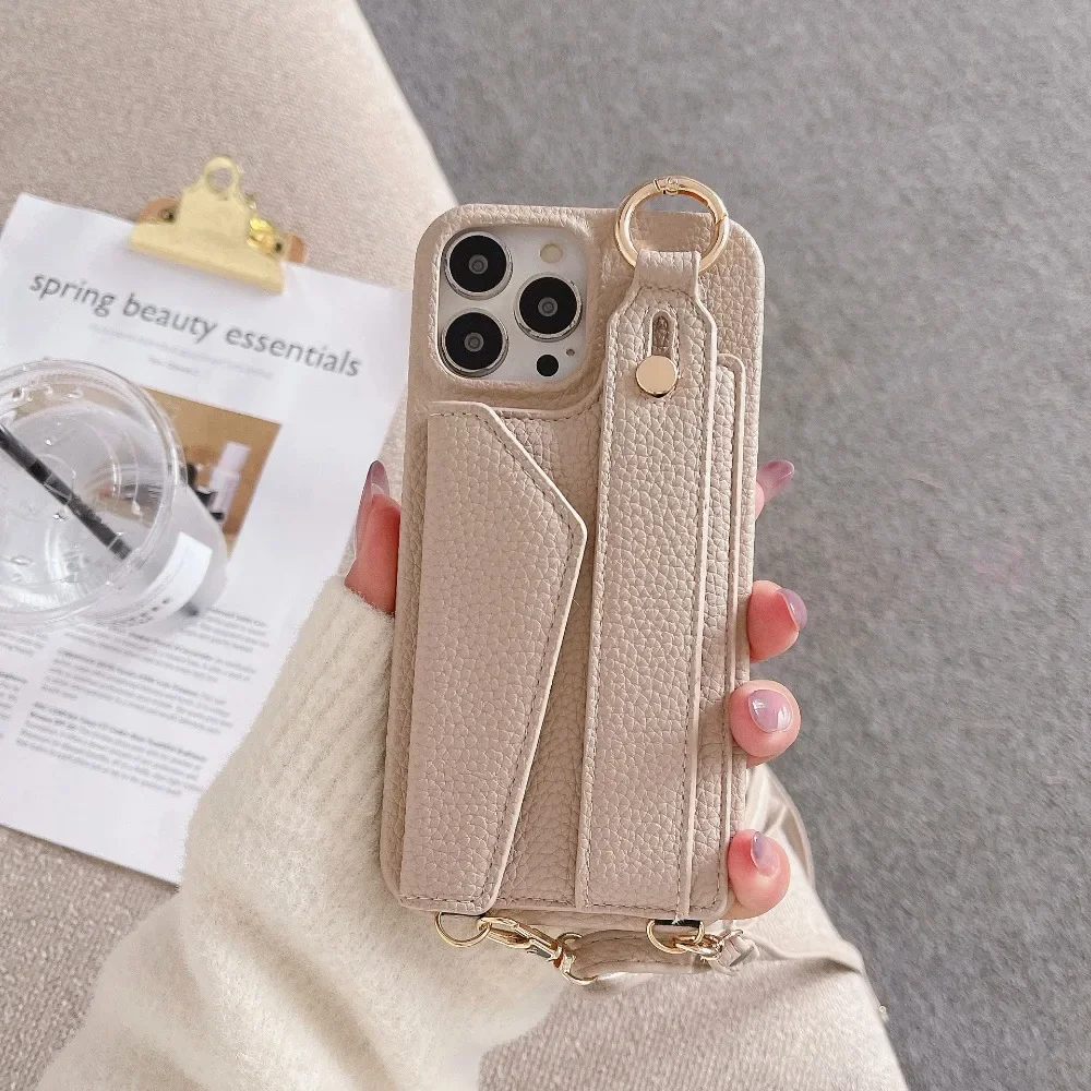 Voor iPhone 16 Polsband Ring Portemonnee met kaartsleufhouder Telefoonhoesje voor iPhone 15 Plus Pro Max Crossbody lederen hoes