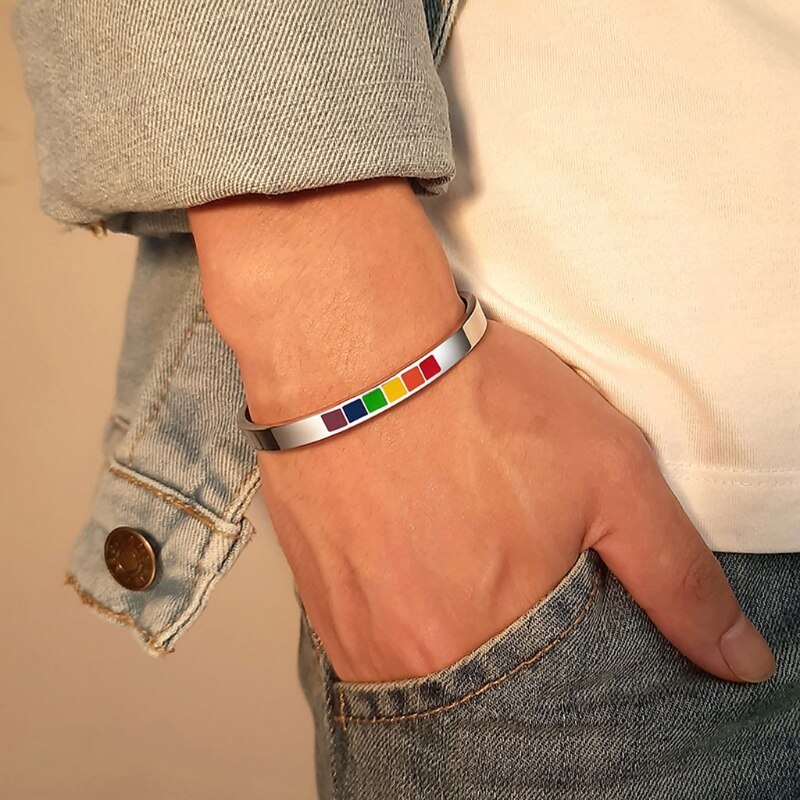 Regenbogen Liebe Stolz Armbänder Lesben & Homosexuell Edelstahl Emaille Manschette Armreif J78F