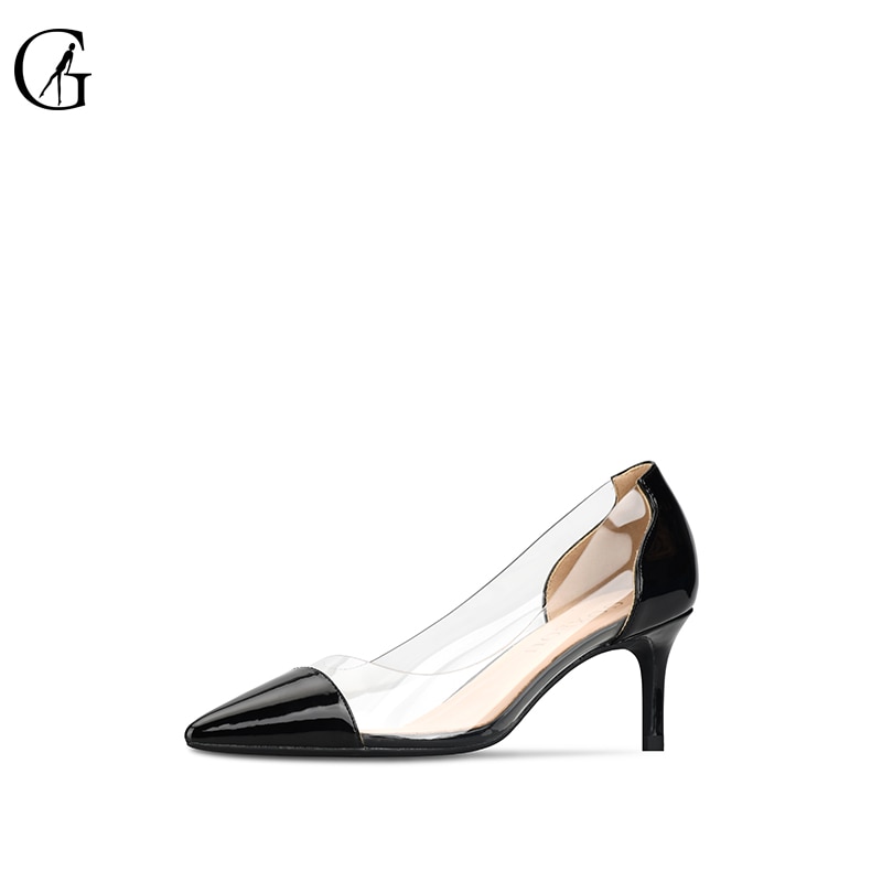 GOXEOU Women&#39;s Pumps Patent Leather Transparent Black Pointed Toe High Heels Casual Party Office Lady Shoes Size 32-46