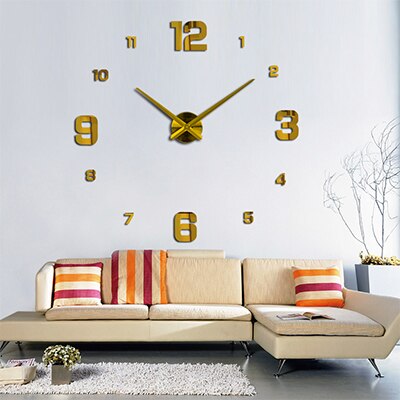 Wall Clock Modern Quartz Clocks Watch Mirror Sticker Diy Living Room Decor 3D Large Wall Clock: Gold / 37 inch