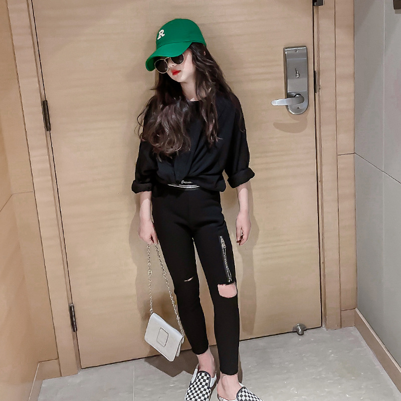 Leggings con cremallera para niña adolescente, pantalones de piel con agujeros, ropa para Niño, 6, 8, 10, 12 y 14 años, novedad de Primavera de 2022