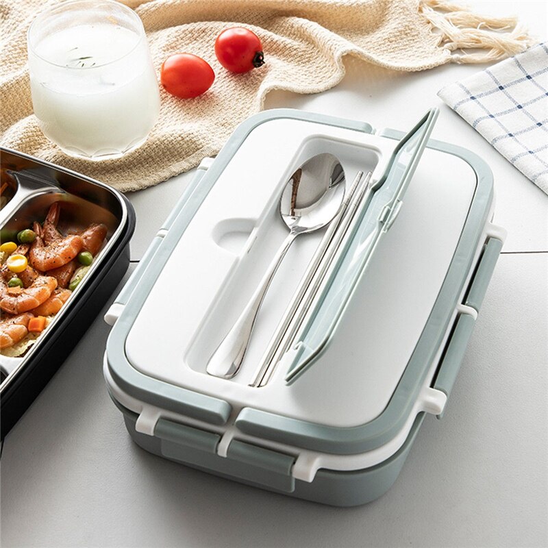 Draagbare Lunch Box Rvs Bento Box Met Servies 3/4 Compartiment Voedsel Container Lekvrije Lunchbox Voor School Office