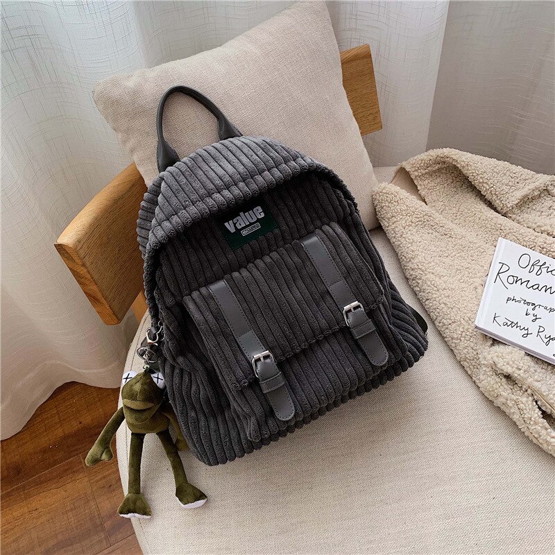 Frauen Cord Rucksack Gestreift Weichen Tuch Taschen Lederband Schule Bookbag Für College Mädchen Nette Kleine Reise Rucksack: gray with toy