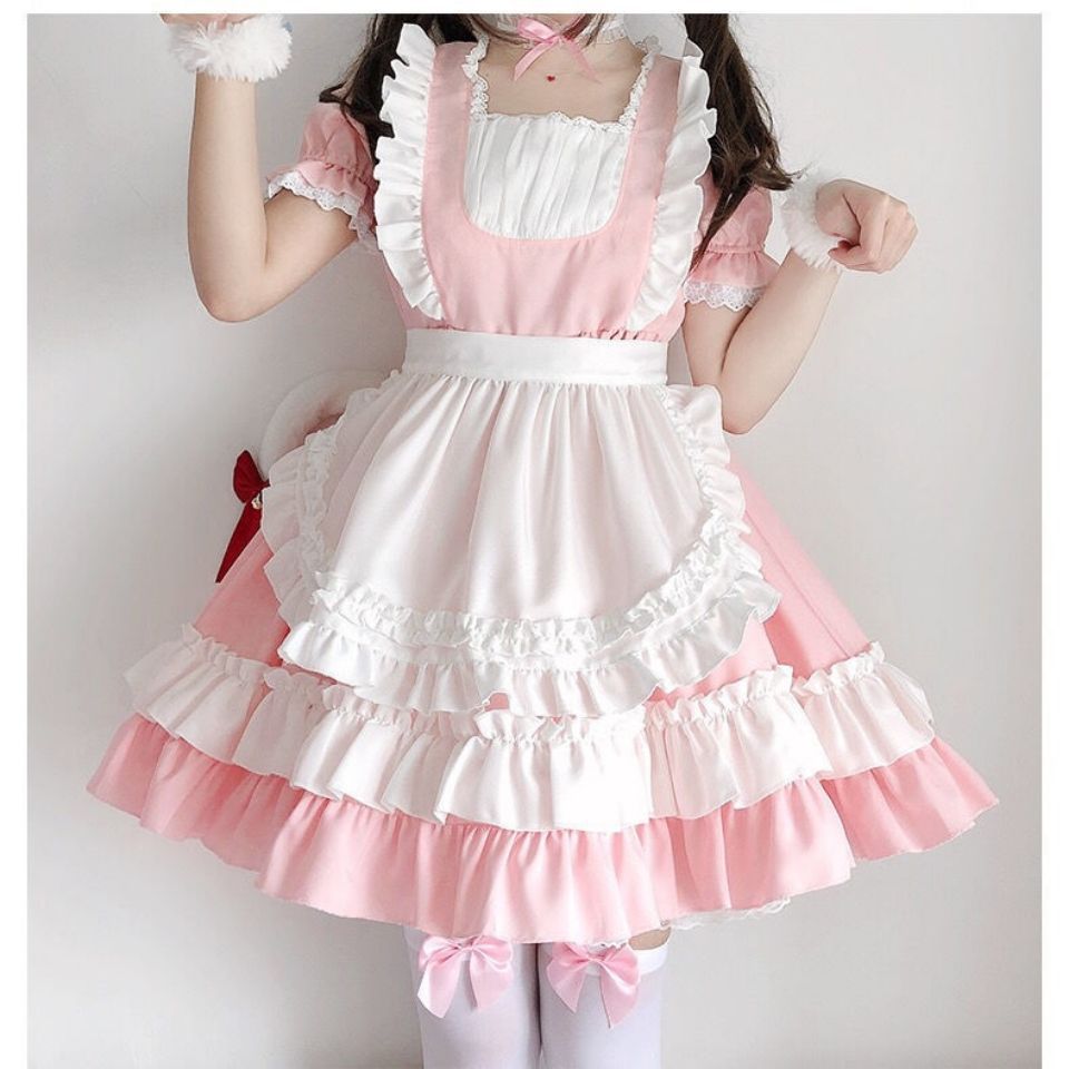 Vestido de sirvienta OP Lolita para dama, conjunto de disfraz de cómic Kawaii, suave, rosa, para cosplay