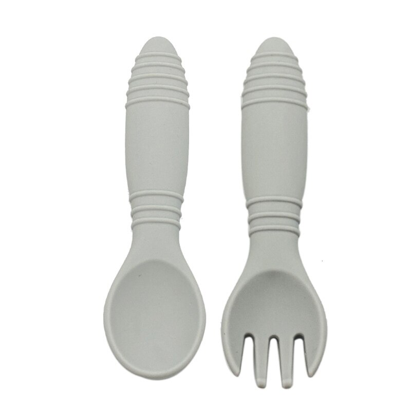 2 stk / sæt børn servise baby retter sæt silikone gaffel ske sæt fodring mad retter bpa fri: Lysegrå