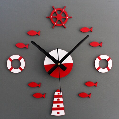 Relojes adhesivos de pared para el hogar, boya de vida, barco de mar azul, Relojes de pared tipo peces, para habitación de niños, decoración de pared, relojes de marinero