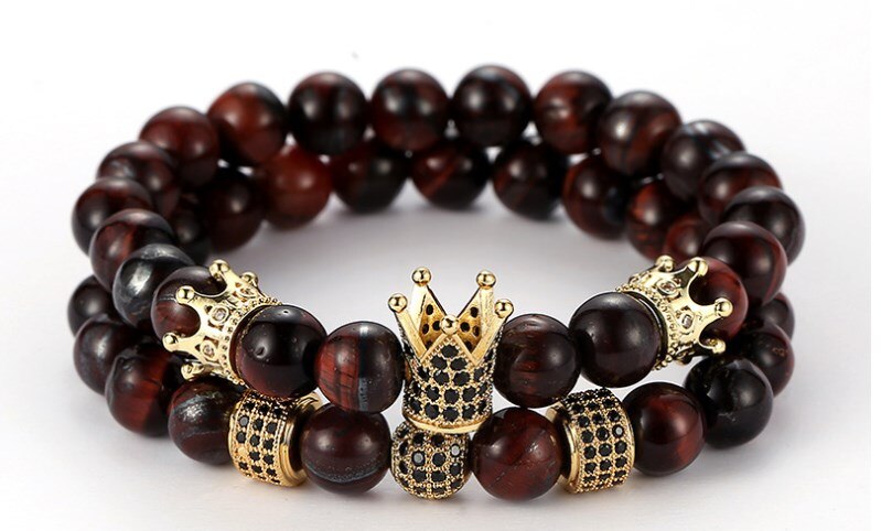 8mm 2 /set gcgr 3 elastische aangepaste natuur rode tijgeroog kraal micro pavé cz zirkoon kubieke zirkonia macramé bedel kroon armband: 1