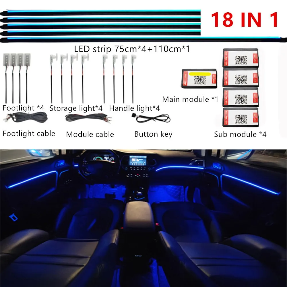 Universal- Symphonie Auto Umgebungslichter 64 RGB Auto Innenraum Acryl Lichtleiter Fiber Optik Auto Dekoration Atmosphäbetreffend Licht 18 in 1: Kristallblau