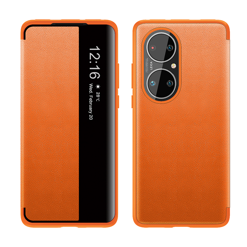 Smart Wake Up Sleep Flip Cover Side View Leather Case For Huawei P30 P40 Pro+ Plus P50 60 Pro Automatic Magntic Suction: HUAWEI P50 / Orange