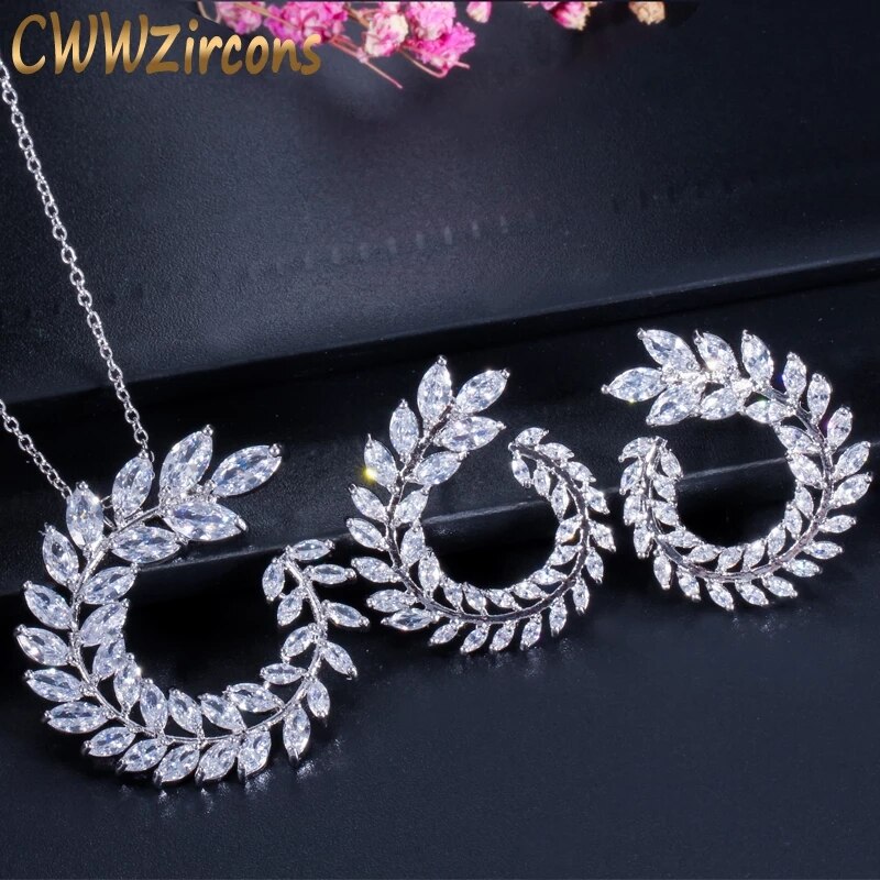 CWWZircons Women Costume Jewelry Sparkly Olive Branch Marquise Cut Cubic Zirconia Pendant Necklace and Earring Sets T087