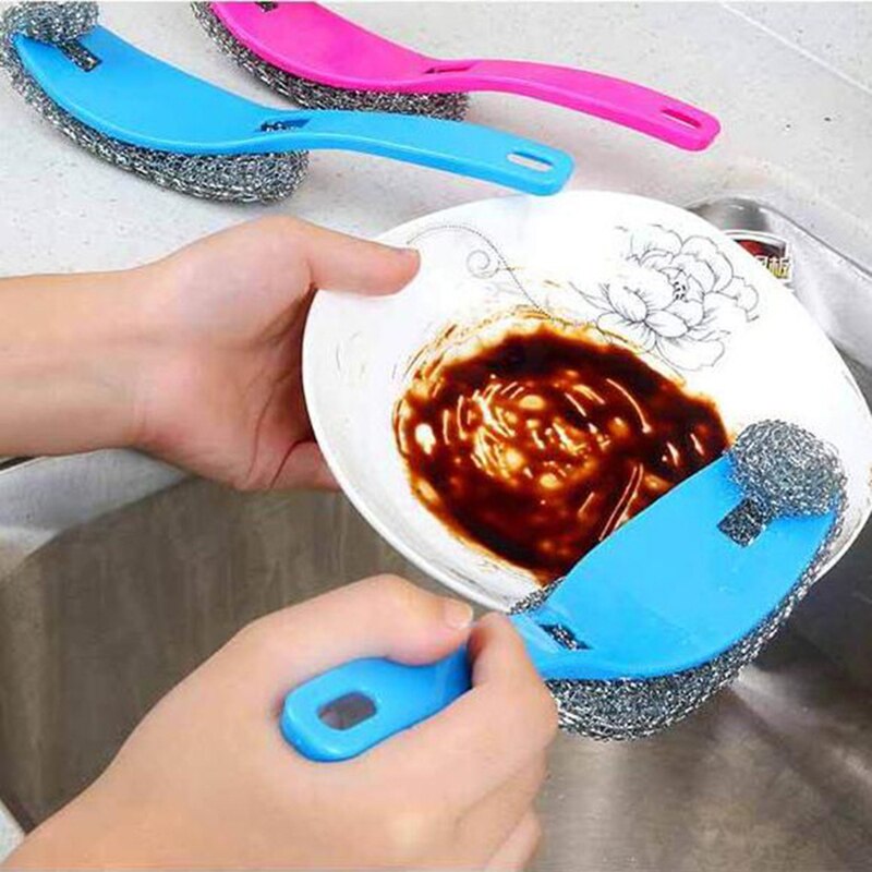1 PC Stainless Steel Wire Dish Scourer Cleaning Ball Pan Pot Long Handle Brushes Scrubber Kitchen Pot Washing Tool